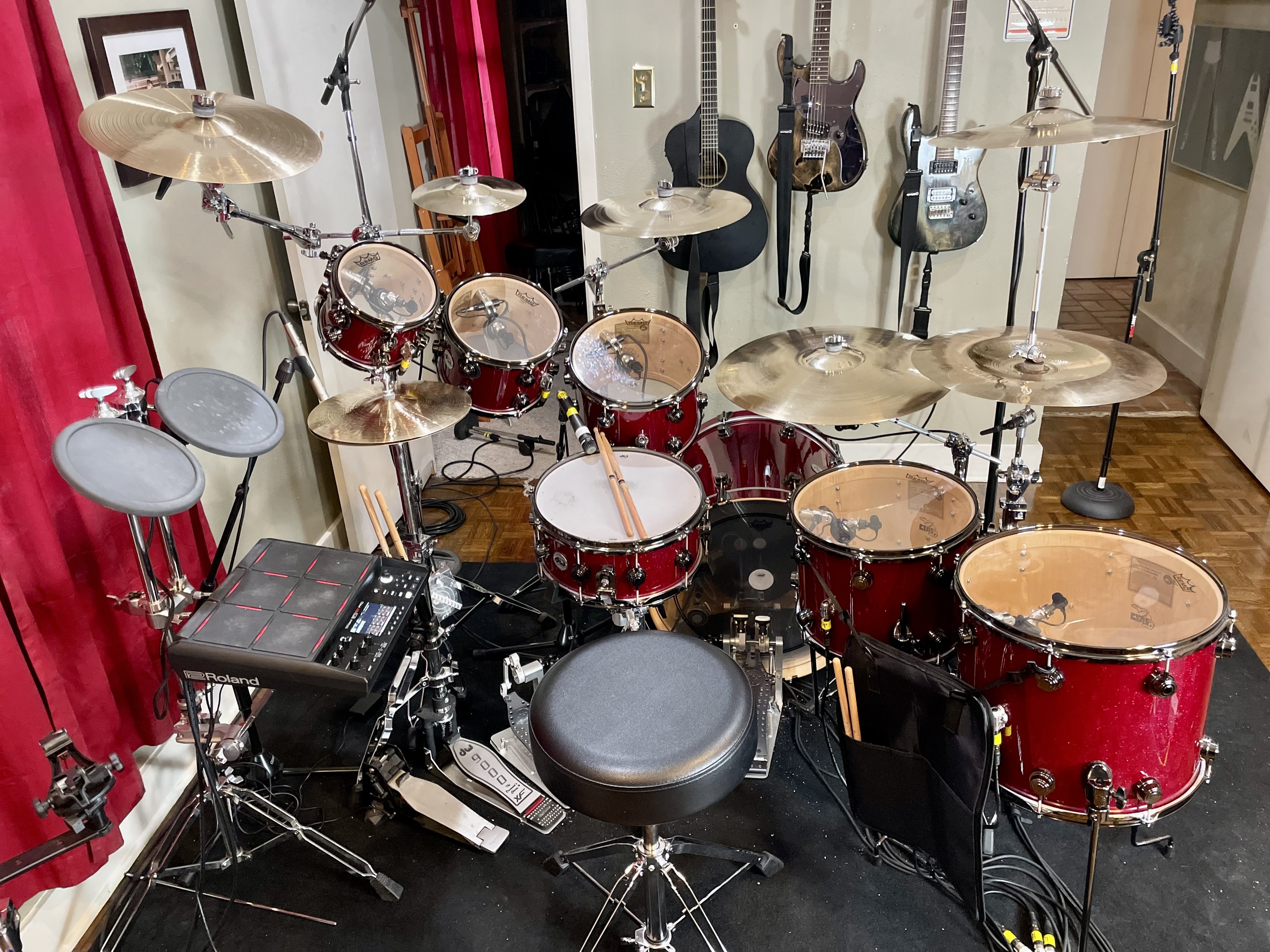 Matt's drumset, from the perspective of the drummer. 