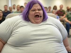 non-gendered, non-racial, obese, angry person screaming into a microphone