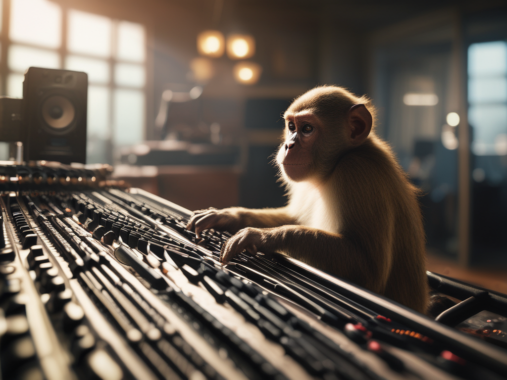 Monkey at a huge audio mixing board