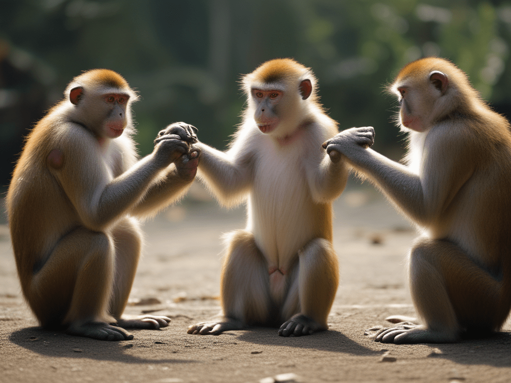Three monkeys holding hands