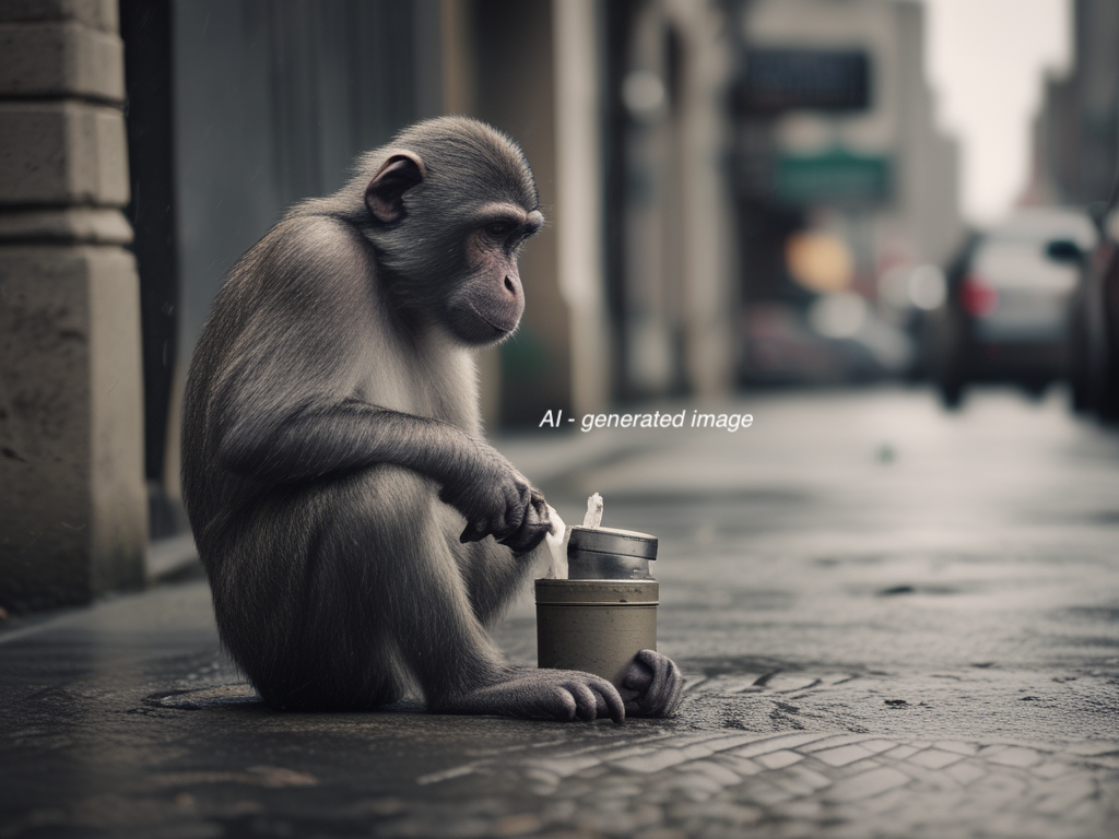 A monkey crouched in the street over a can