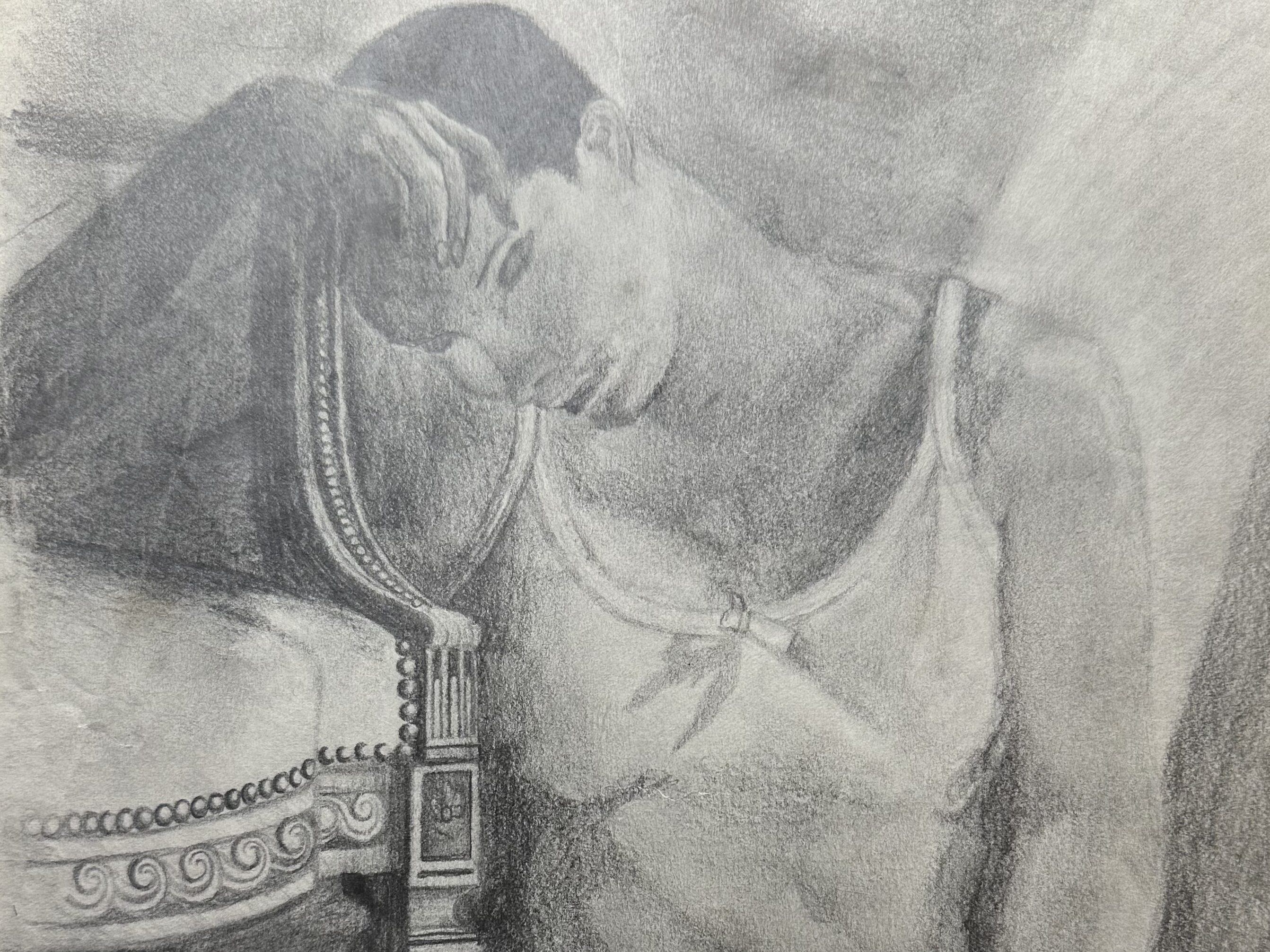 A pencil drawing by Matt Beeson of a woman sitting on the ground next to a chair.